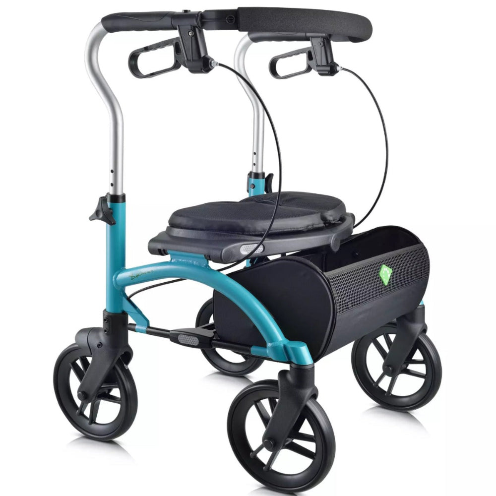 Teal blue Evolution Xpresso Lite 4-wheel rollator walker featuring a padded seat and soft storage basket.